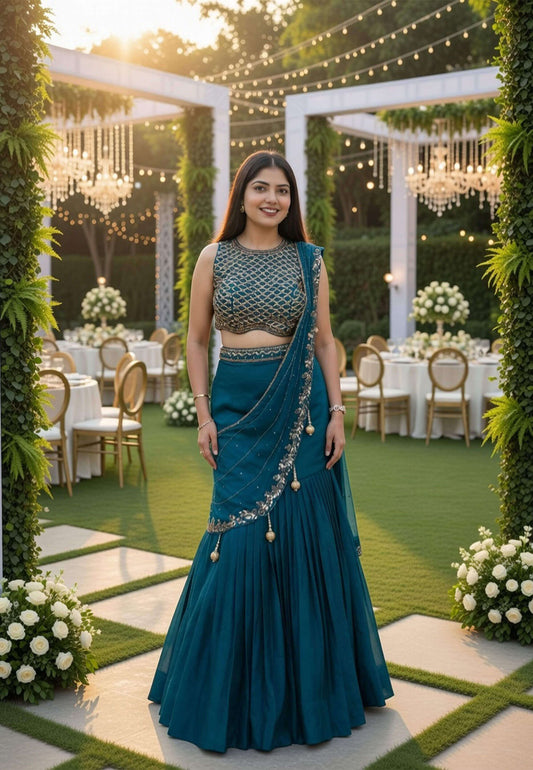 Chinnon Silk Embelleished Fish Cut Dress With Connected Embroidered Drape