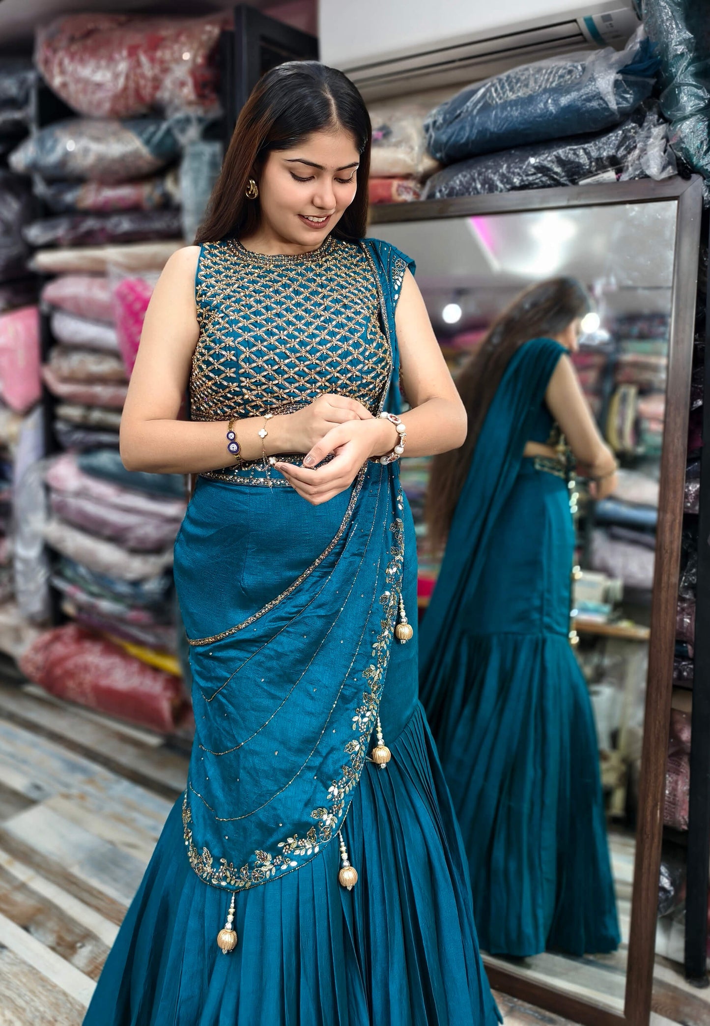 Chinnon Silk Embelleished Fish Cut Dress With Connected Embroidered Drape