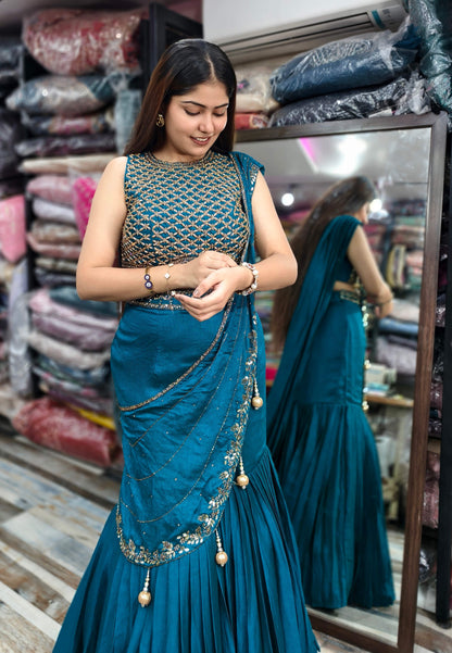 Chinnon Silk Embelleished Fish Cut Dress With Connected Embroidered Drape