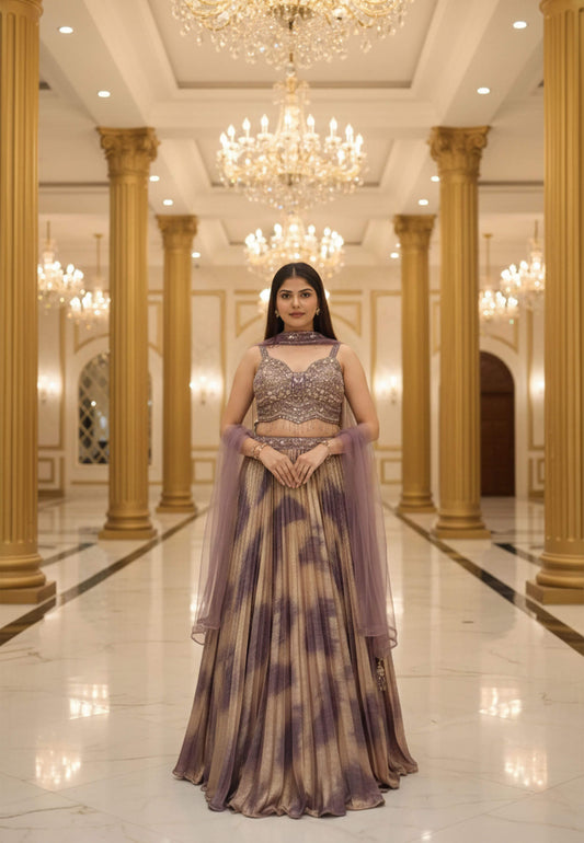 Hand Embellished Lehenga Dress with Tie Dye Pleated Silk Skirt
