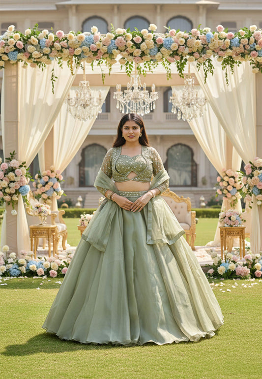 Girlish Jacket Style Embellished Choli Barbie Lehenga in Pista Green