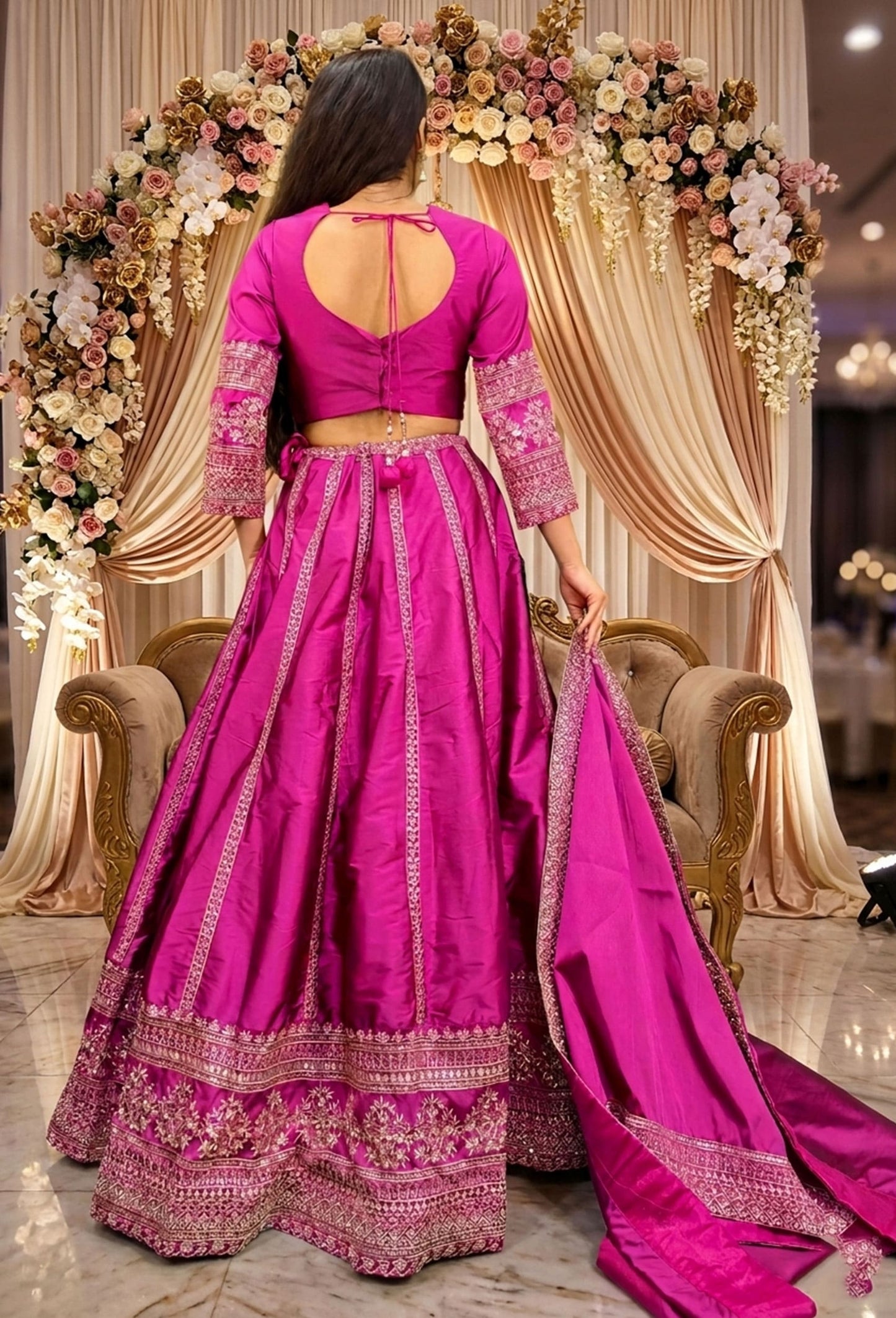 Anarkali Silk Lehenga with Designer Choli and Dupatta in Hot Pink