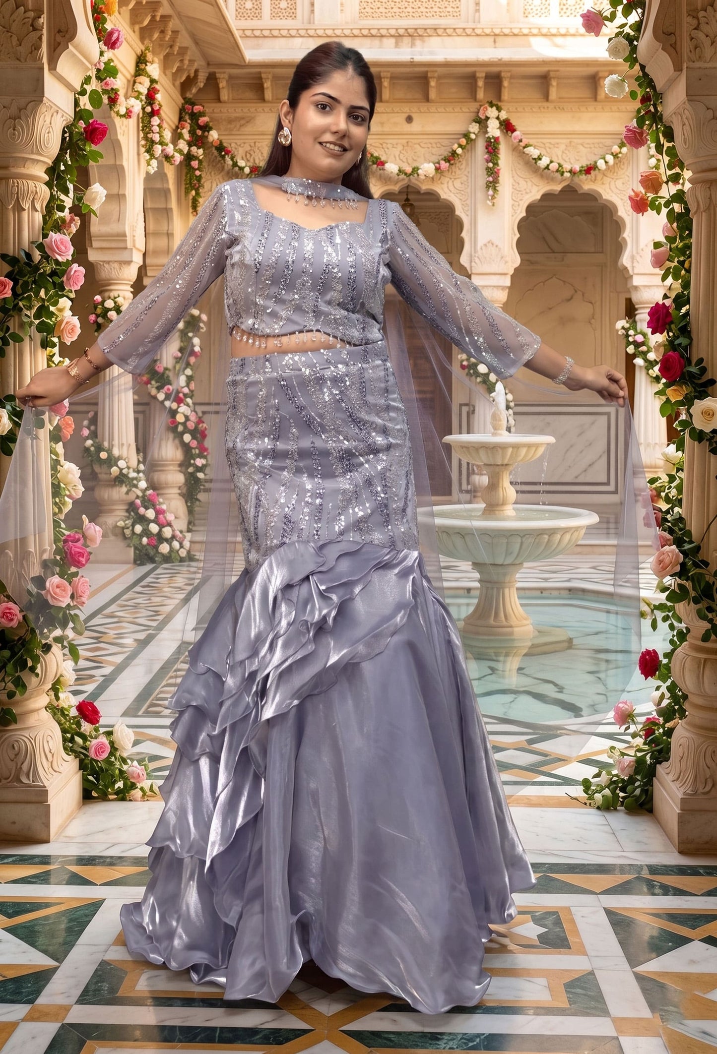Full Sleeve Embellished Fish Cut Lehenga with Ruffle Designing