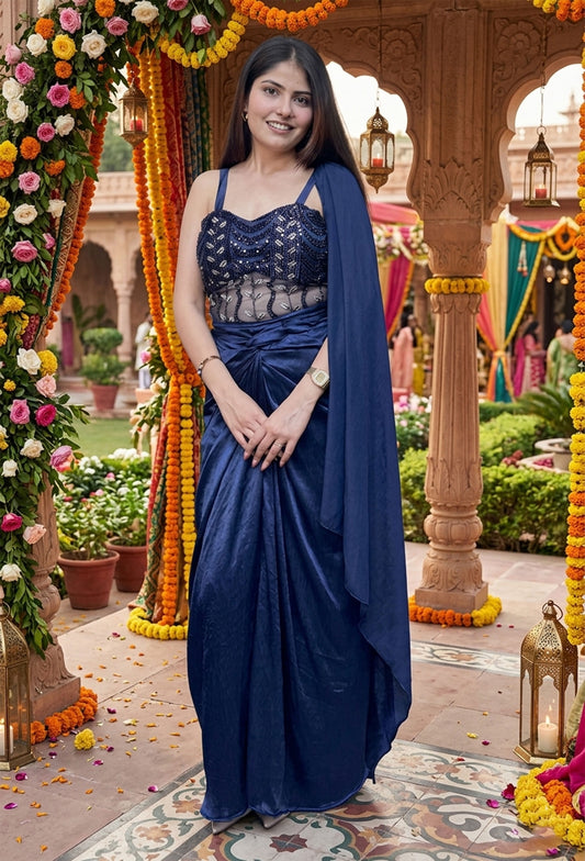 Handworked Corset Indo-Western Dress with Satin Tulip Skirt in Elegant Blue