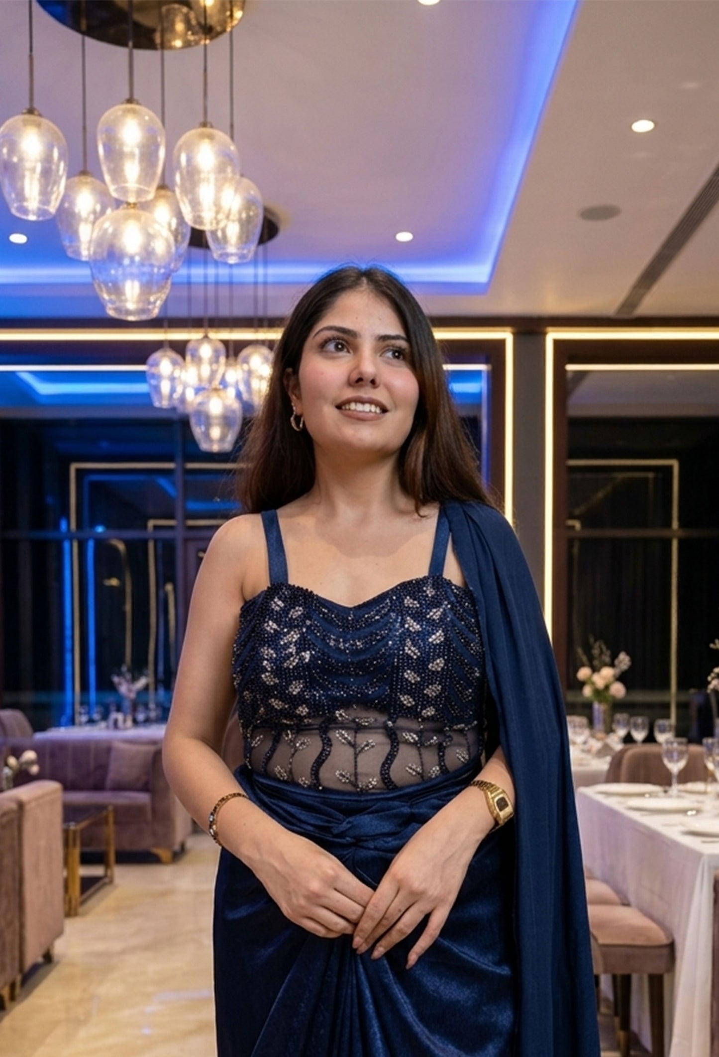 Handworked Corset Indo-Western Dress with Satin Tulip Skirt in Elegant Blue