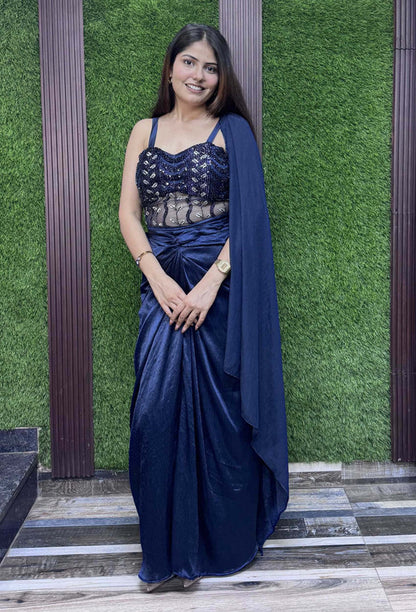 Handworked Corset Indo-Western Dress with Satin Tulip Skirt in Elegant Blue