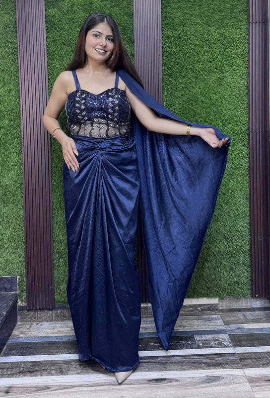 Handworked Corset Indo-Western Dress with Satin Tulip Skirt in Elegant Blue