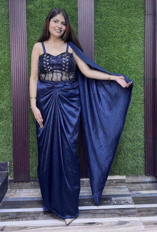 Handworked Corset Indo-Western Dress with Satin Tulip Skirt in Elegant Blue