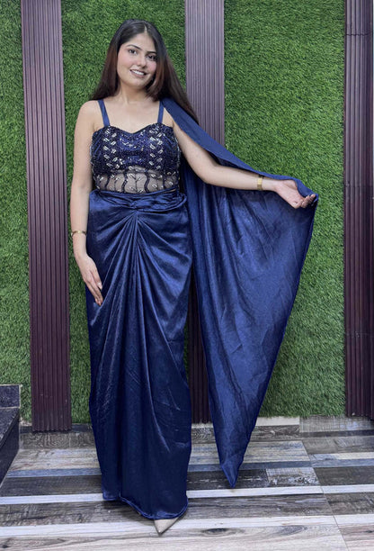 Handworked Corset Indo-Western Dress with Satin Tulip Skirt in Elegant Blue