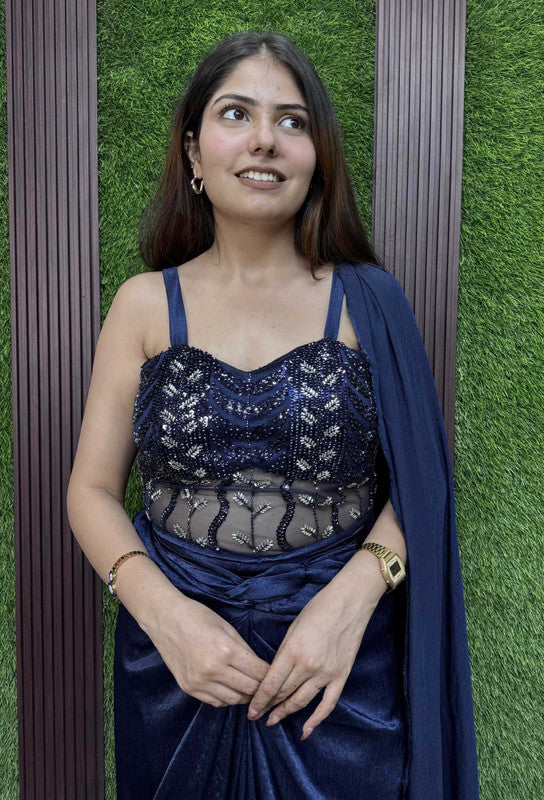 Handworked Corset Indo-Western Dress with Satin Tulip Skirt in Elegant Blue