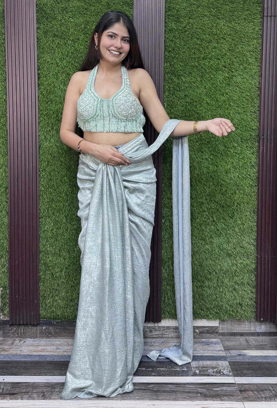 Halter Neck Hand-Embellished Drape Set with Two-Tone Shimmer Cowl Skirt