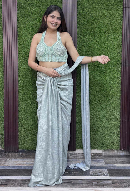 Halter Neck Hand-Embellished Drape Set with Two-Tone Shimmer Cowl Skirt