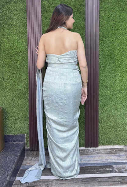 Halter Neck Hand-Embellished Drape Set with Two-Tone Shimmer Cowl Skirt