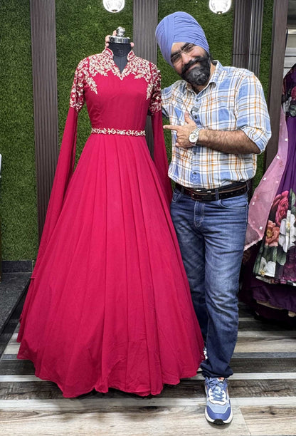 Handworked Georgette Anarkali with Band Neck, Long Sleeves & Waist Belt
