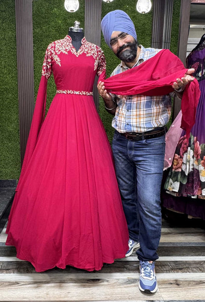 Handworked Georgette Anarkali with Band Neck, Long Sleeves & Waist Belt