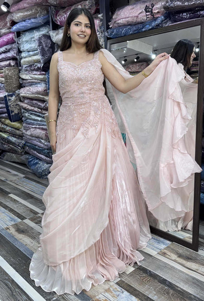 Indo-Western Organza Drape Gown with Spaghetti Straps & Handwork Detailing