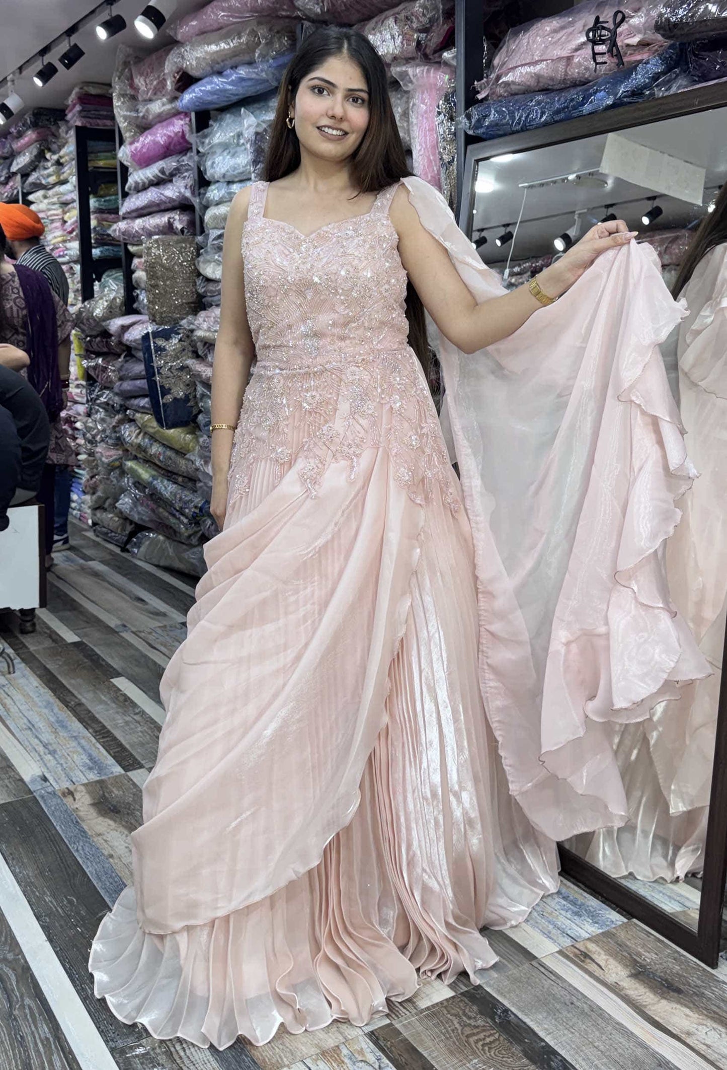Indo-Western Organza Drape Gown with Spaghetti Straps & Handwork Detailing