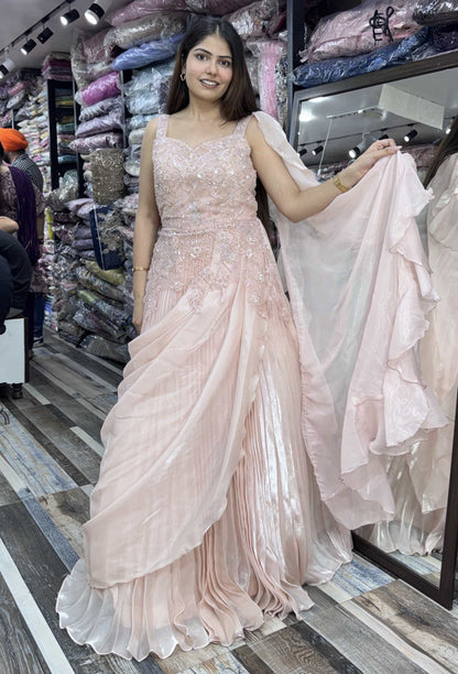 Indo-Western Organza Drape Gown with Spaghetti Straps & Handwork Detailing