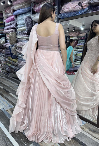 Indo-Western Organza Drape Gown with Spaghetti Straps & Handwork Detailing