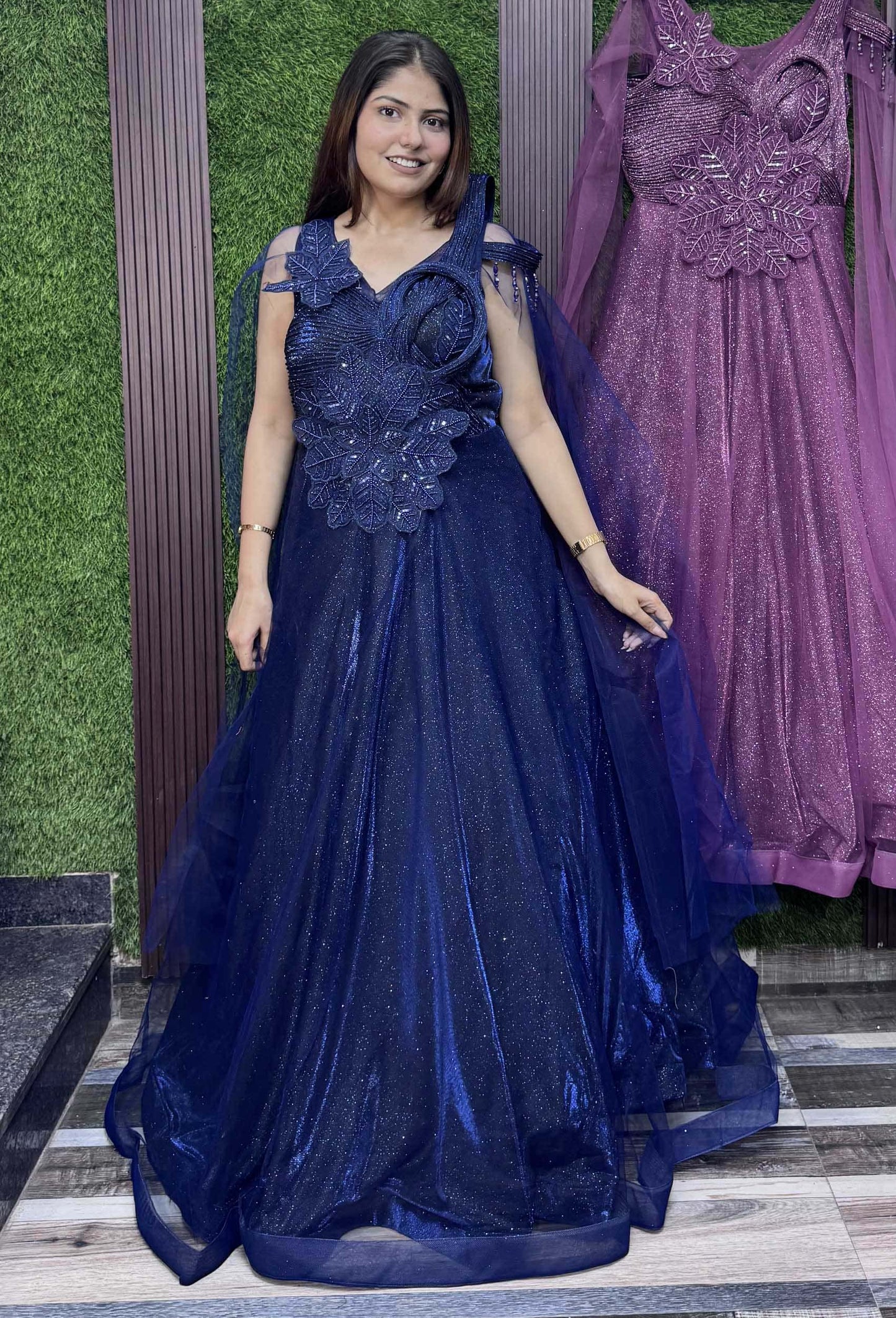 Imported Shimmer Indo-Western Gown with Applique Embellished Design