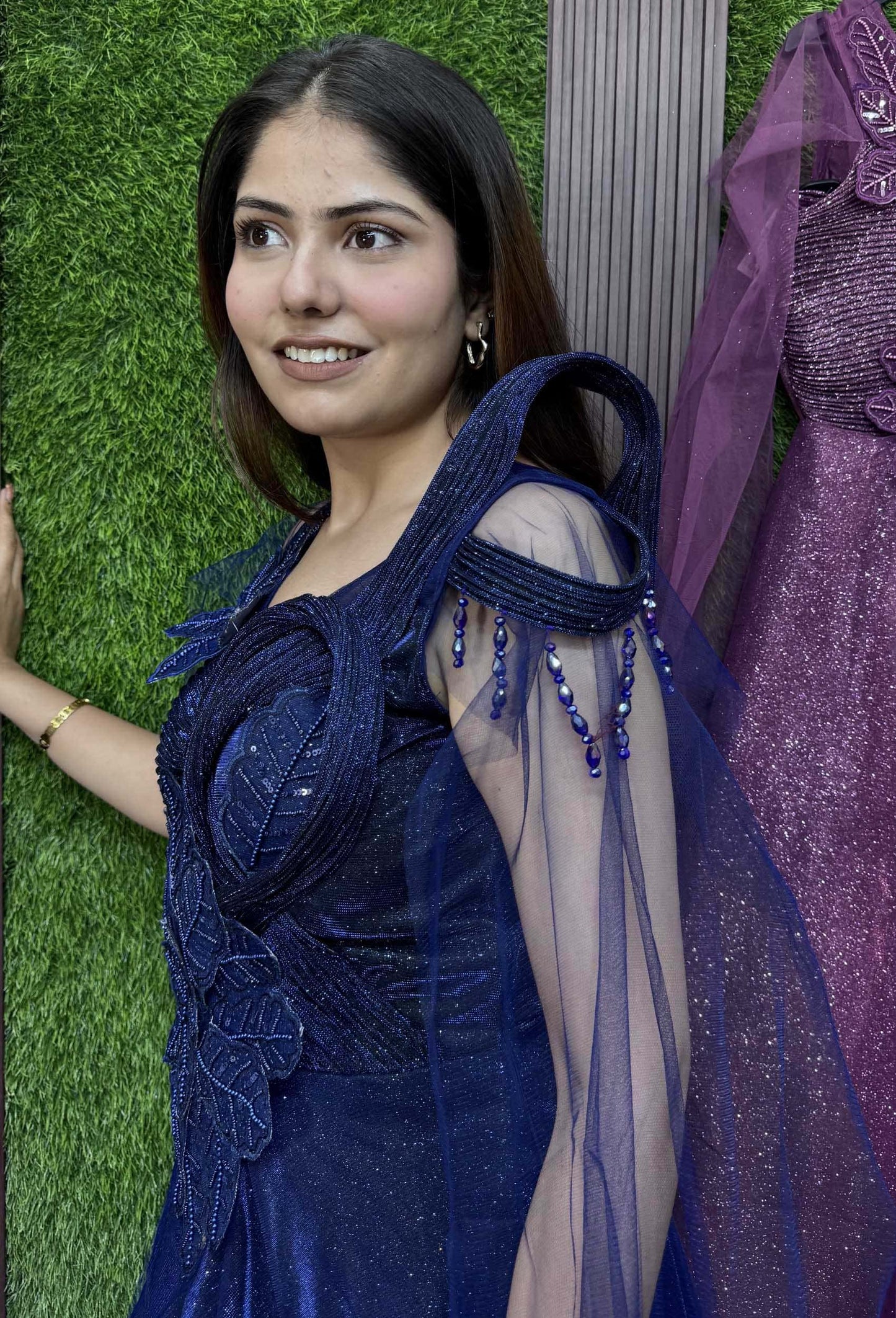 Imported Shimmer Indo-Western Gown with Applique Embellished Design