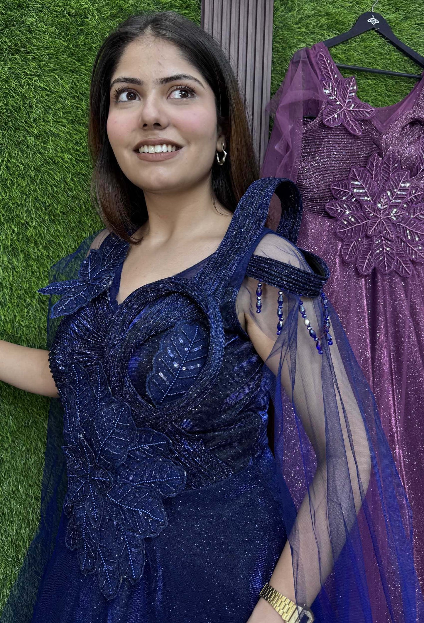 Imported Shimmer Indo-Western Gown with Applique Embellished Design
