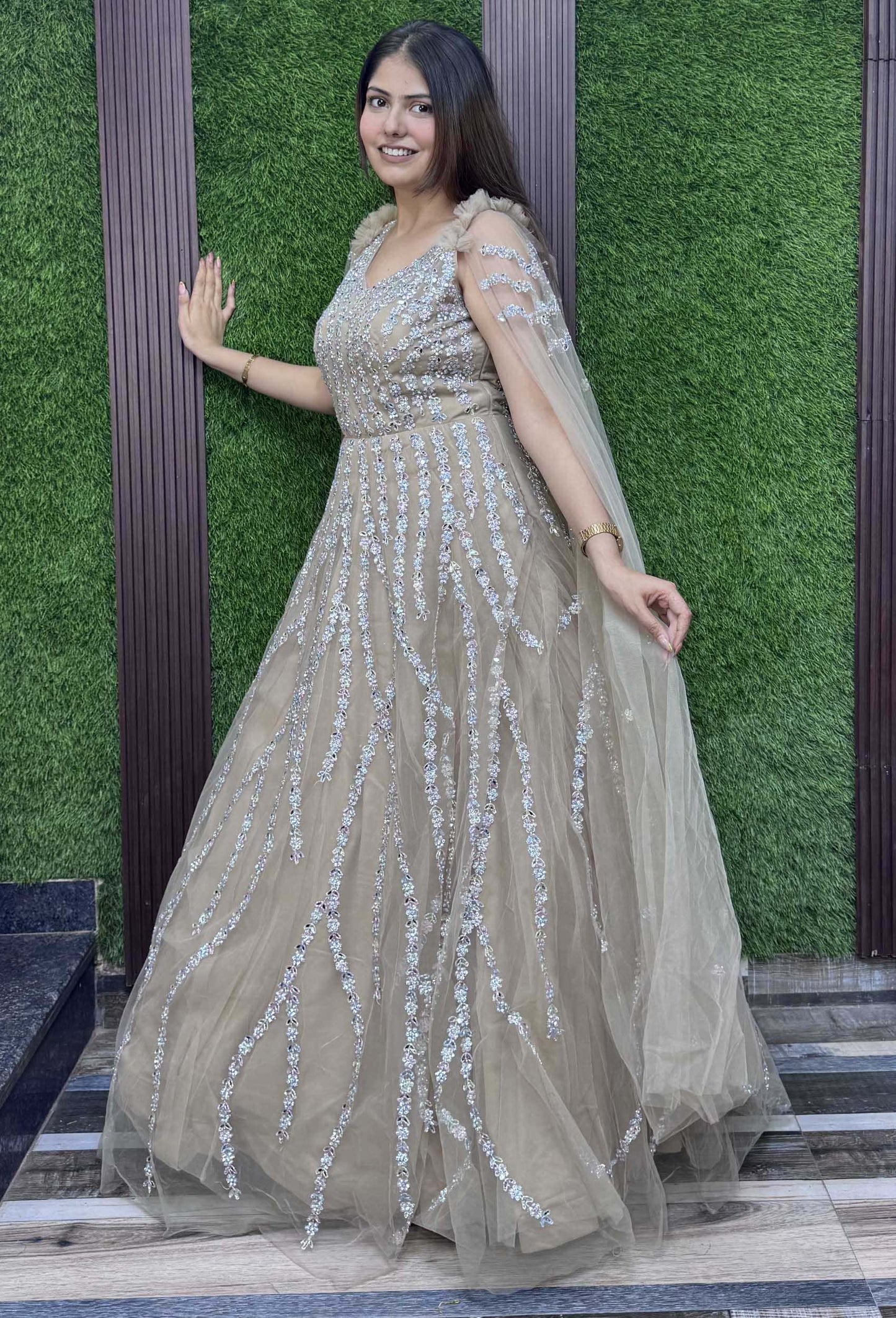 Multi-Embroidered Partywear Gown with Elegant Long Sleeve Design