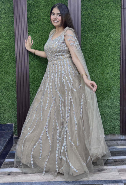 Multi-Embroidered Partywear Gown with Elegant Long Sleeve Design