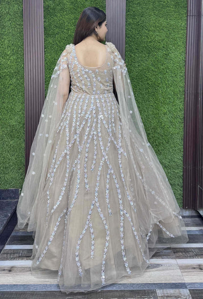 Multi-Embroidered Partywear Gown with Elegant Long Sleeve Design