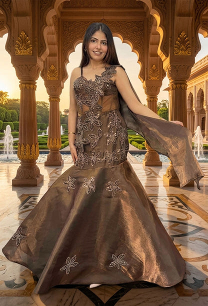 Applique Floral Corset Lehenga with Spaghetti Straps & Fish Cut Drape Design
