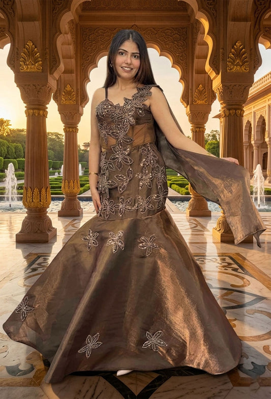 Applique Floral Corset Lehenga with Spaghetti Straps & Fish Cut Drape Design