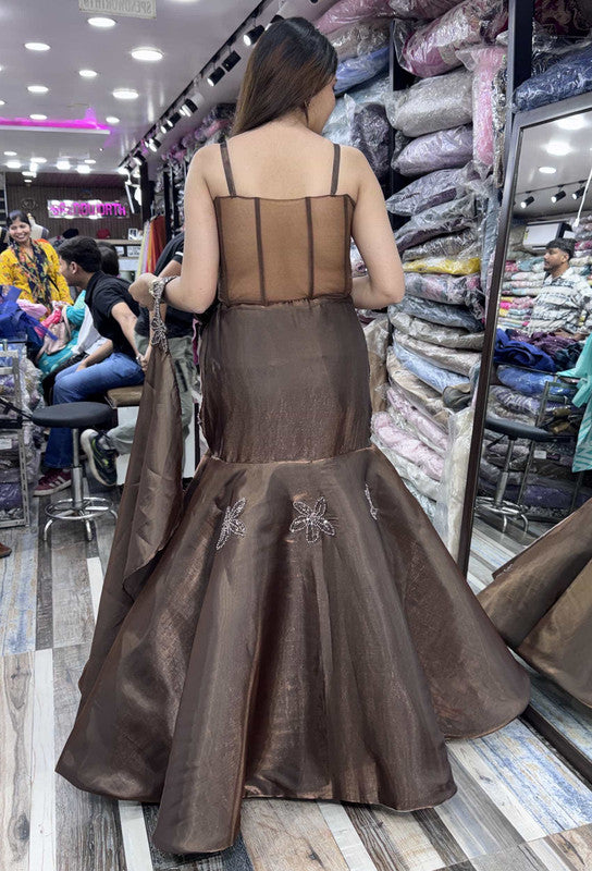 Applique Floral Corset Lehenga with Spaghetti Straps & Fish Cut Drape Design