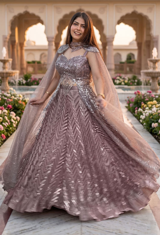 Handworked Indo-Western Pleated Lehenga with Designer Long Upper & Separate Cape