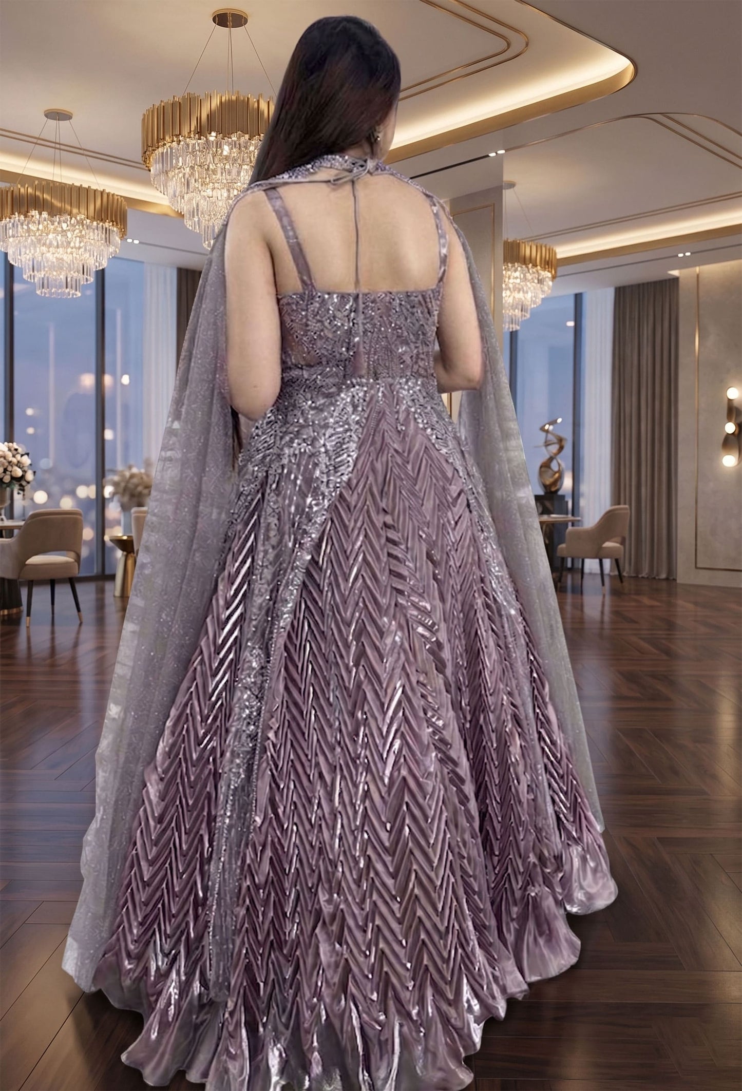 Handworked Indo-Western Pleated Lehenga with Designer Long Upper & Separate Cape