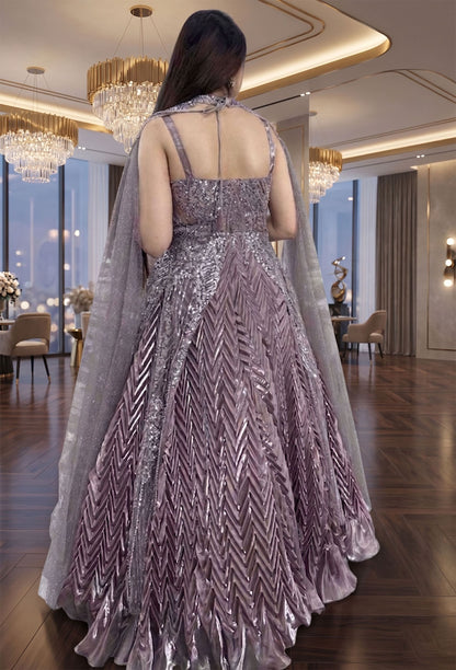 Handworked Indo-Western Pleated Lehenga with Designer Long Upper & Separate Cape