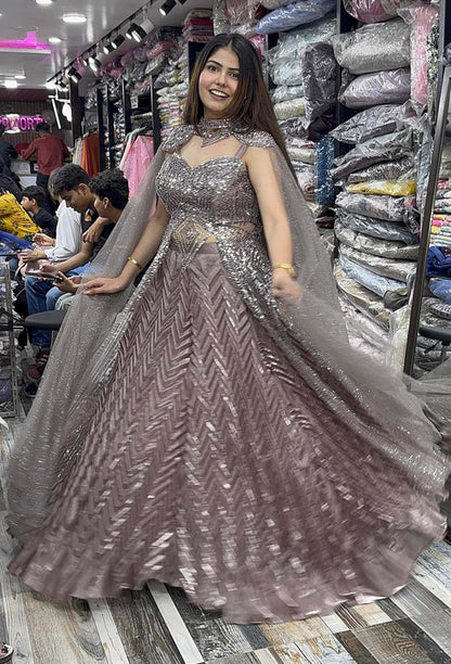 Handworked Indo-Western Pleated Lehenga with Designer Long Upper & Separate Cape