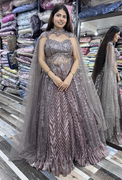 Handworked Indo-Western Pleated Lehenga with Designer Long Upper & Separate Cape