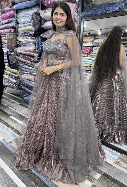 Handworked Indo-Western Pleated Lehenga with Designer Long Upper & Separate Cape