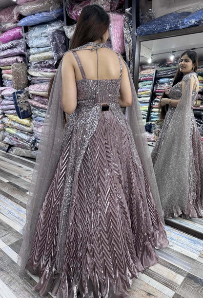 Handworked Indo-Western Pleated Lehenga with Designer Long Upper & Separate Cape