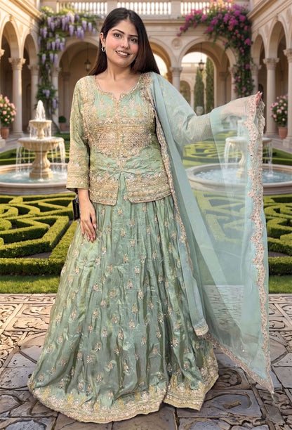 Hand-Embellished Short Shirt Lehenga Set with Full Sleeves & Organza Silk Dupatta