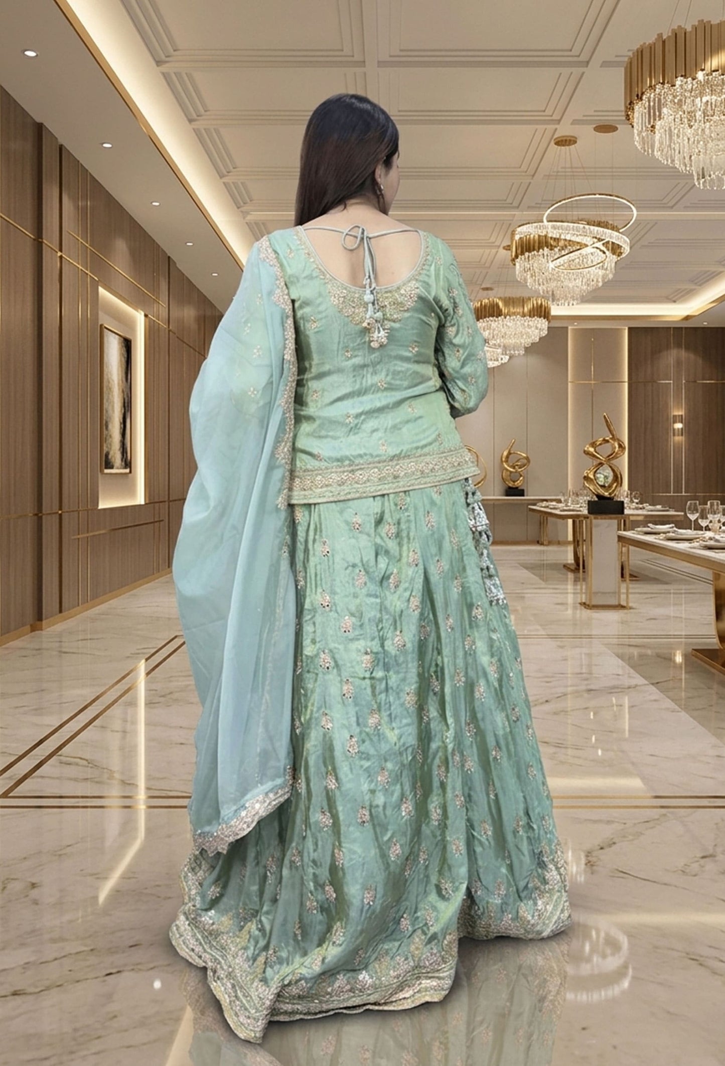 Hand-Embellished Short Shirt Lehenga Set with Full Sleeves & Organza Silk Dupatta