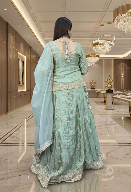 Hand-Embellished Short Shirt Lehenga Set with Full Sleeves & Organza Silk Dupatta