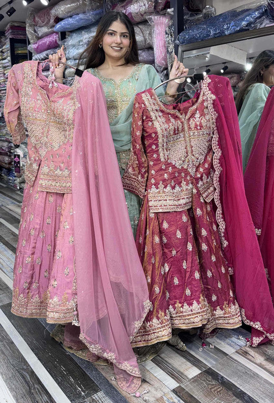 Hand-Embellished Short Shirt Lehenga Set with Full Sleeves & Organza Silk Dupatta