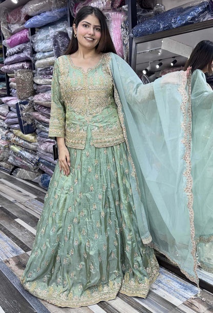 Hand-Embellished Short Shirt Lehenga Set with Full Sleeves & Organza Silk Dupatta