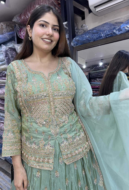 Hand-Embellished Short Shirt Lehenga Set with Full Sleeves & Organza Silk Dupatta