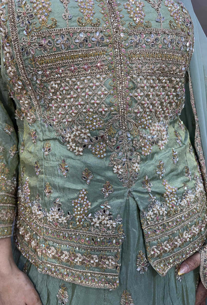 Hand-Embellished Short Shirt Lehenga Set with Full Sleeves & Organza Silk Dupatta