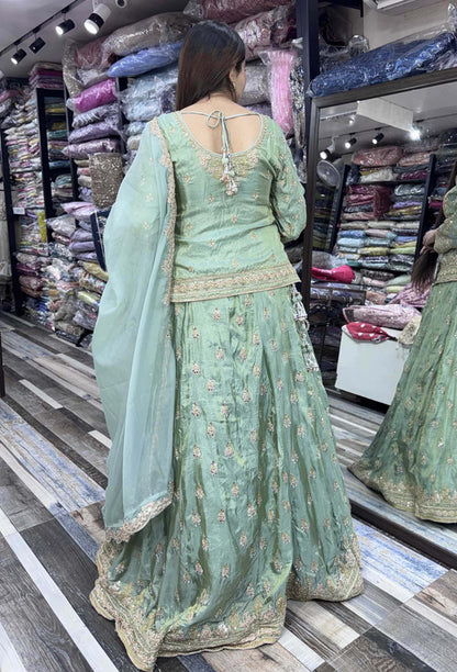 Hand-Embellished Short Shirt Lehenga Set with Full Sleeves & Organza Silk Dupatta