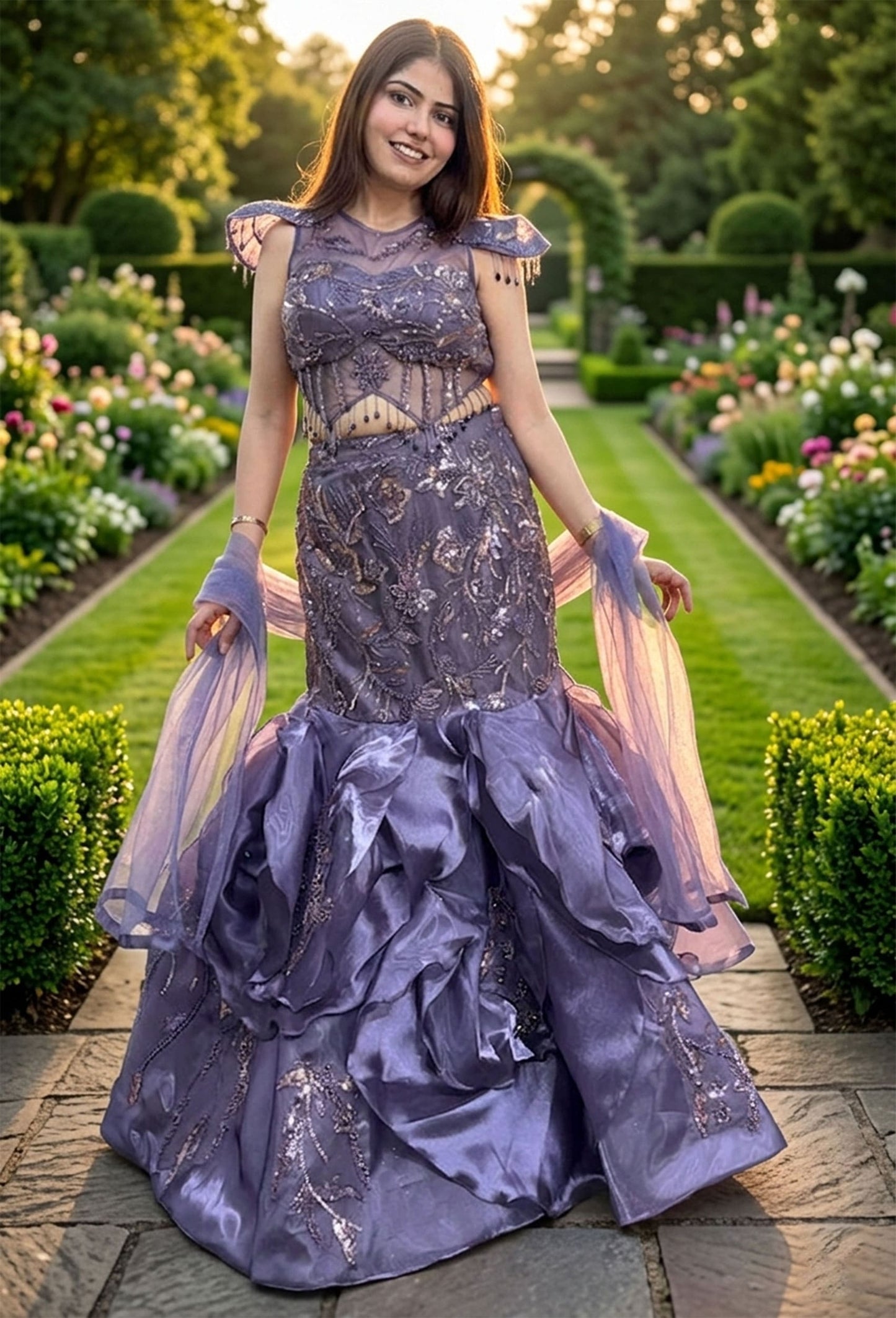 Embellished Corset Fish Cut Lehenga with Designer Cape Blouse & Ruffle Detailing