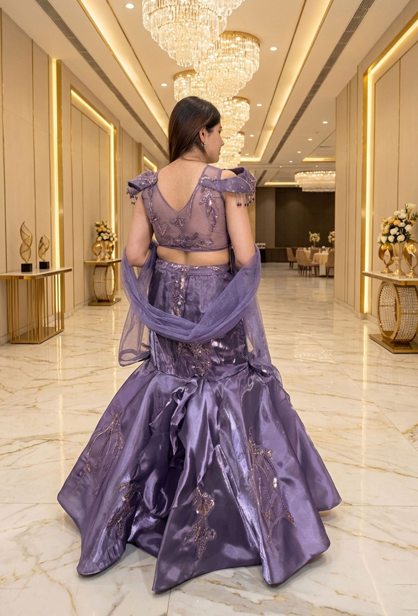 Embellished Corset Fish Cut Lehenga with Designer Cape Blouse & Ruffle Detailing