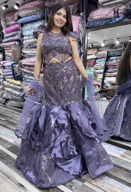 Embellished Corset Fish Cut Lehenga with Designer Cape Blouse & Ruffle Detailing